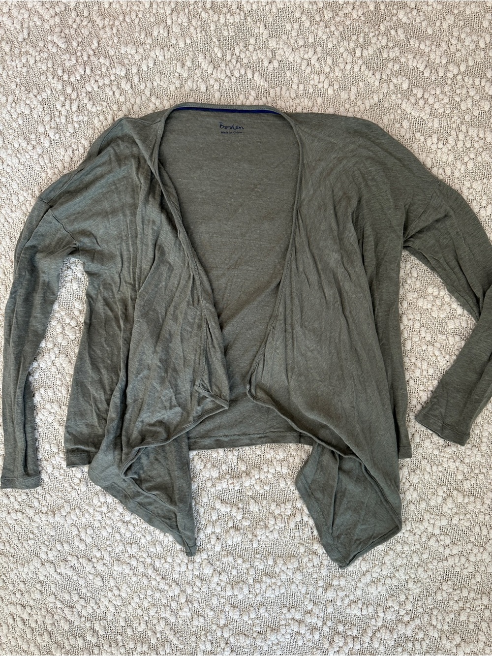 Boden 100% Linen Open Front Drape Cardigan Olive Green Top